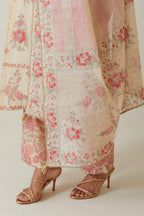 Beige tissue chanderi hand block printed straight kurta set, highlighted with embroidery.