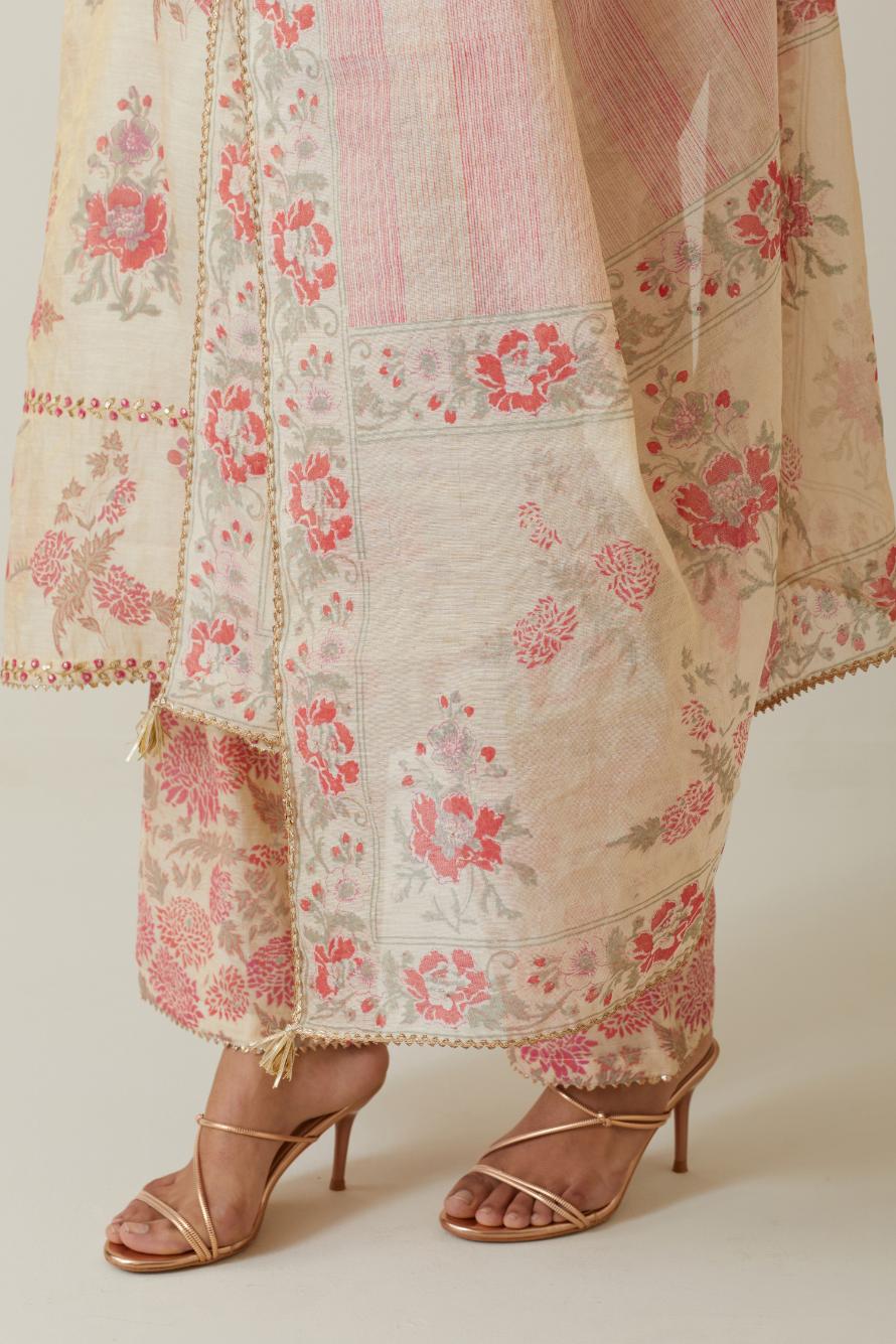 Beige tissue chanderi hand block printed dupatta.