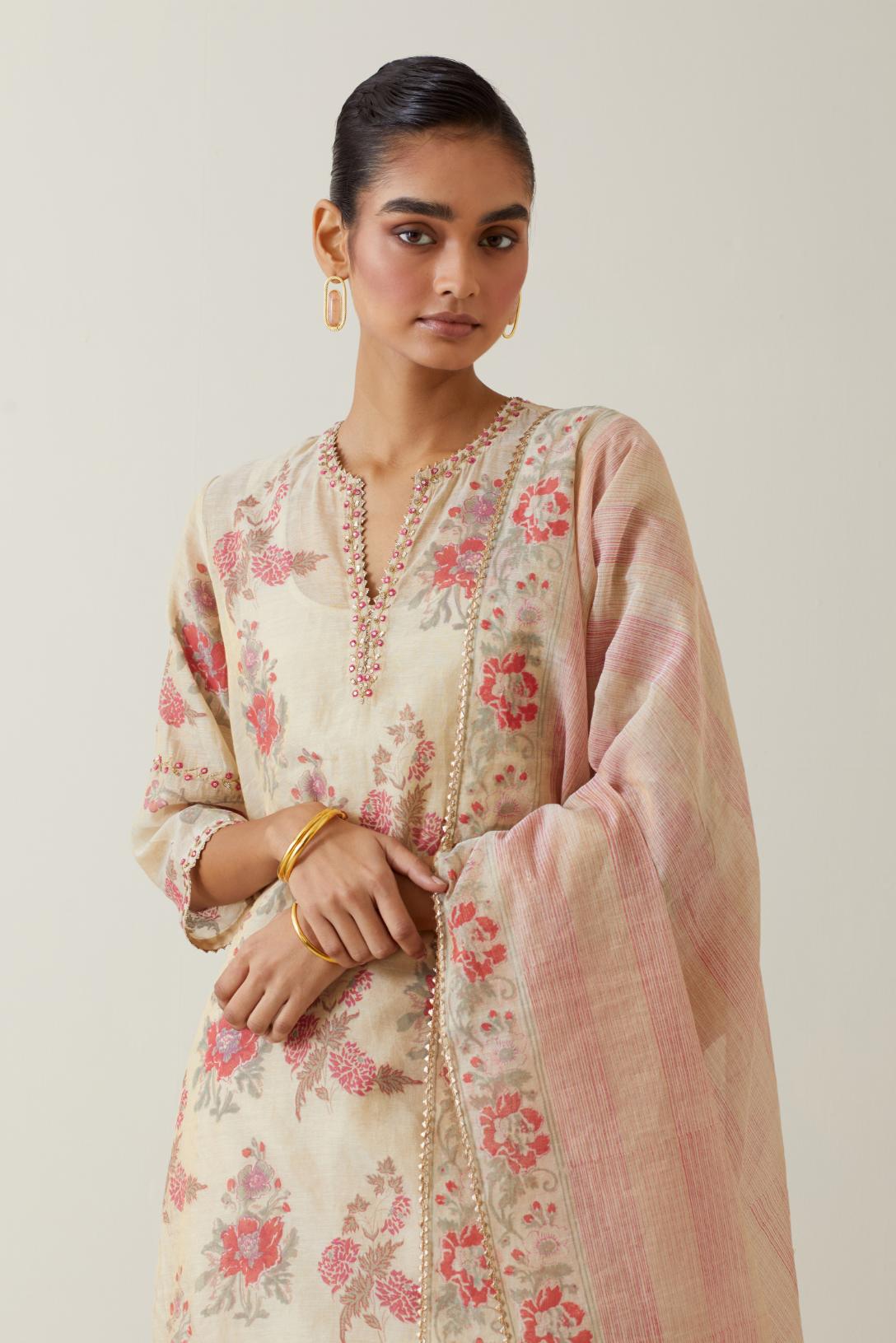 Beige tissue chanderi hand block printed straight kurta set, highlighted with embroidery.