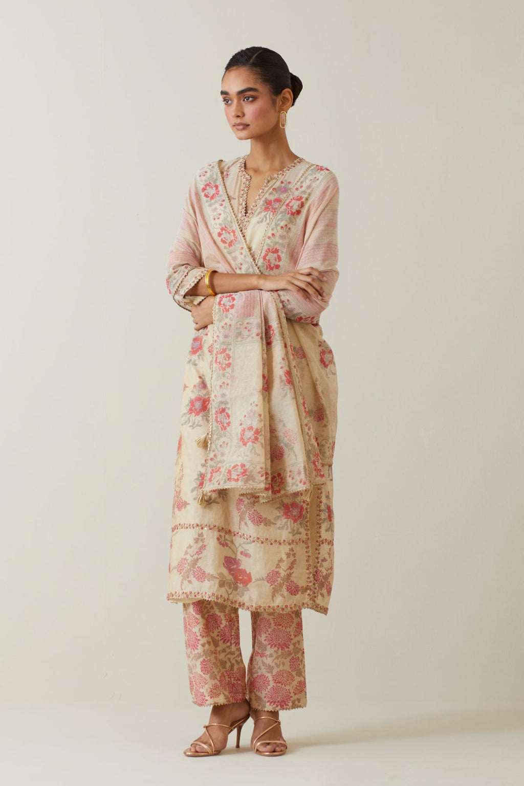 Beige tissue chanderi hand block printed straight kurta set, highlighted with embroidery.