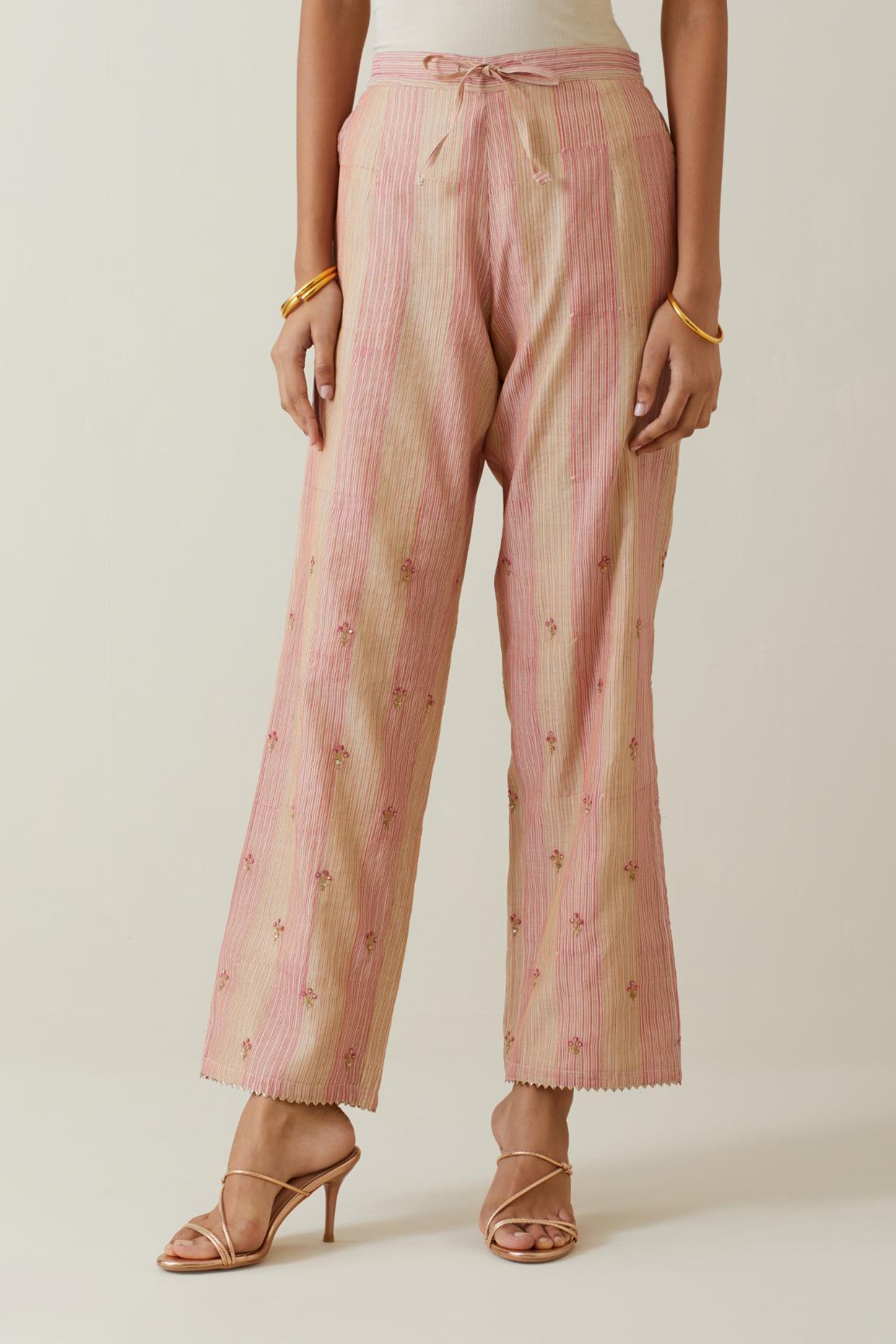 Beige tissue chanderi striped hand block printed straight pants with embroidery at bottom hem.