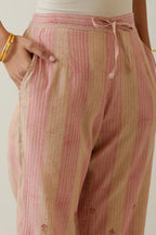 Beige tissue chanderi striped hand block printed straight pants with embroidery at bottom hem.