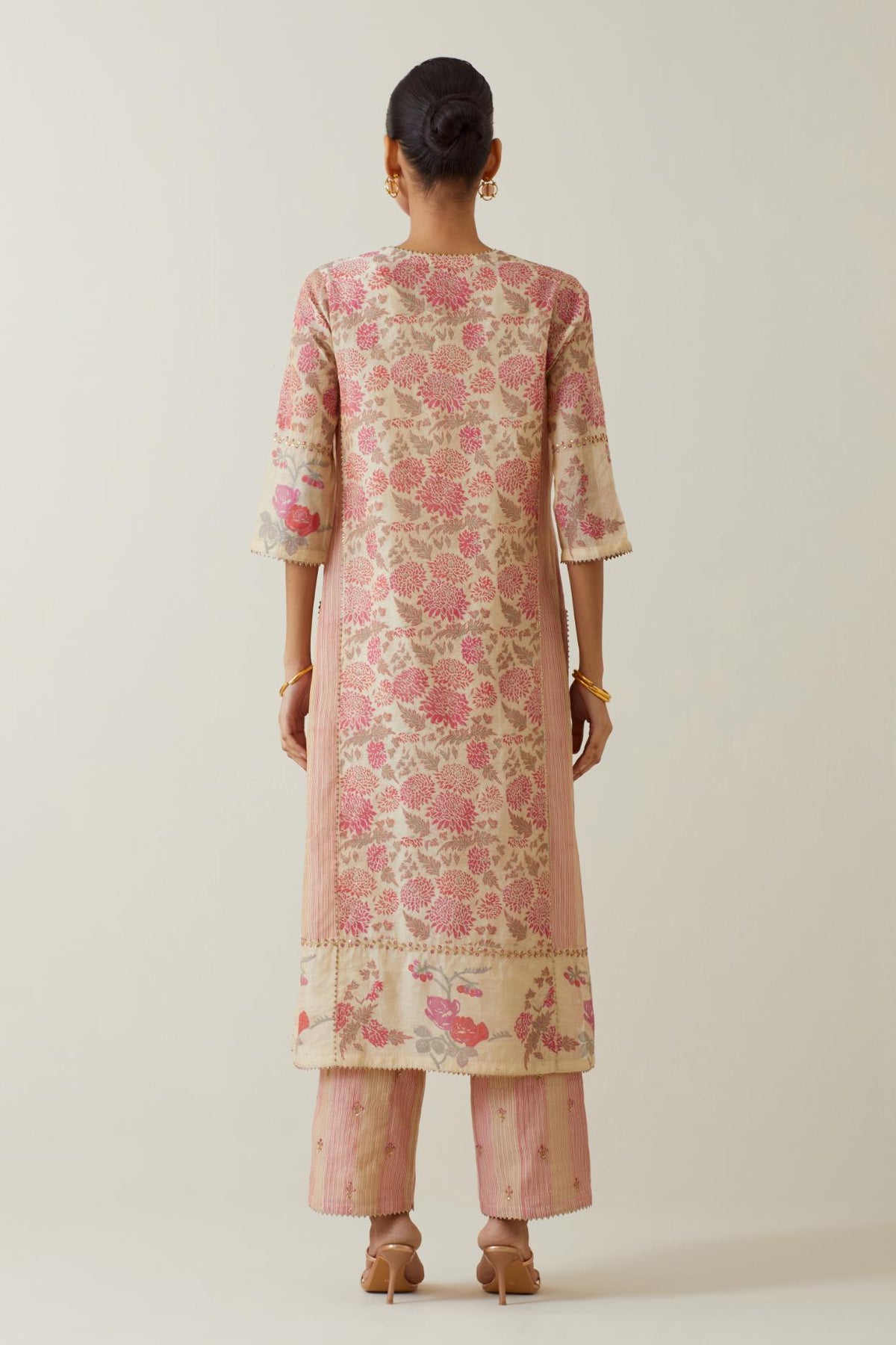 Beige tissue chanderi hand block printed straight kurta set with front placket neckline.