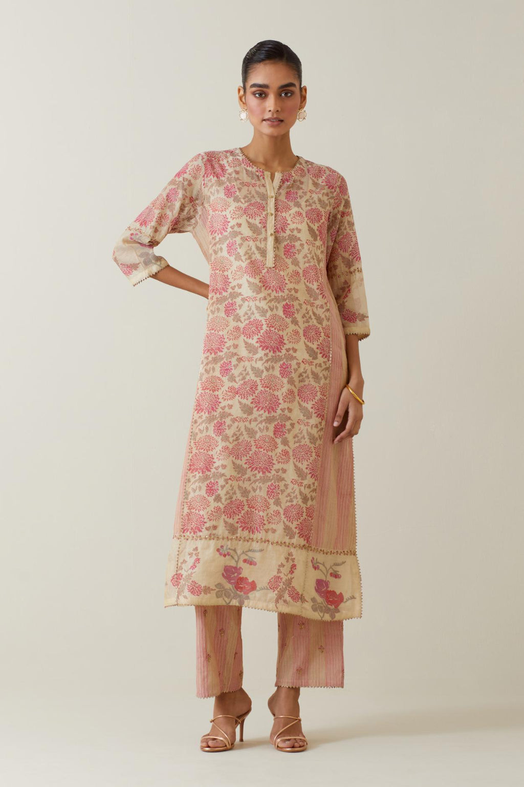 Beige tissue chanderi hand block printed straight kurta set with front placket neckline.