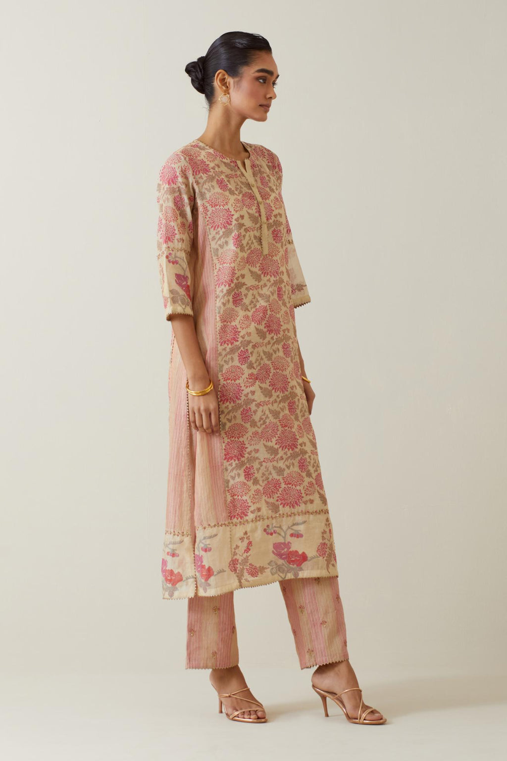 Beige tissue chanderi hand block printed straight kurta set with front placket neckline.