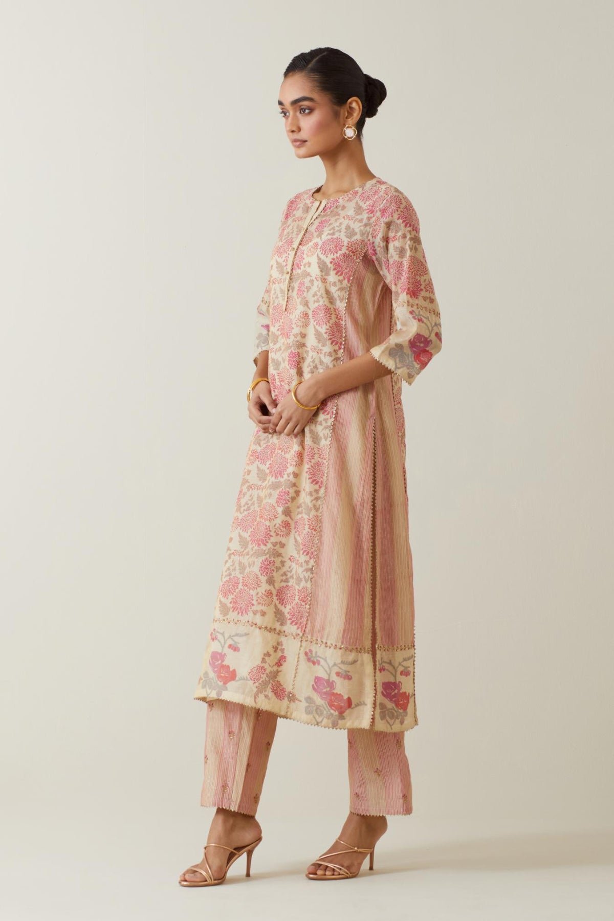 Beige tissue chanderi hand block printed straight kurta set with front placket neckline.