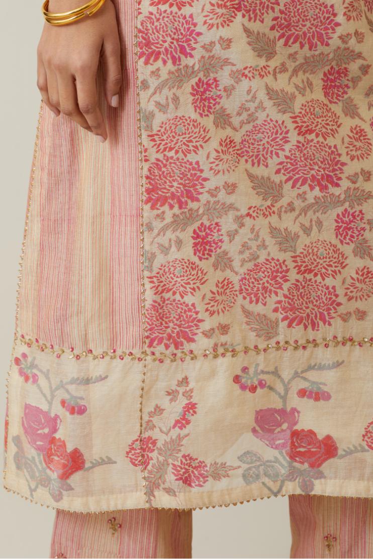 Beige tissue chanderi hand block printed straight kurta set with front placket neckline.