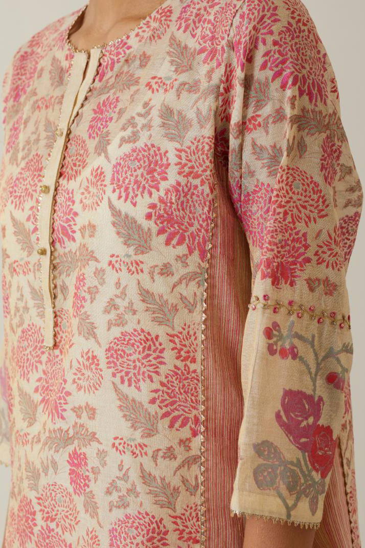 Beige tissue chanderi hand block printed straight kurta set with front placket neckline.