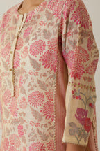 Beige tissue chanderi hand block printed straight kurta set with front placket neckline.