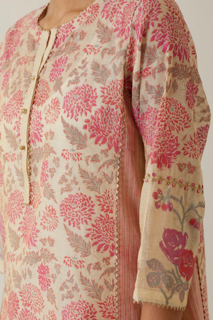Beige tissue chanderi hand block printed straight kurta set with front placket neckline.
