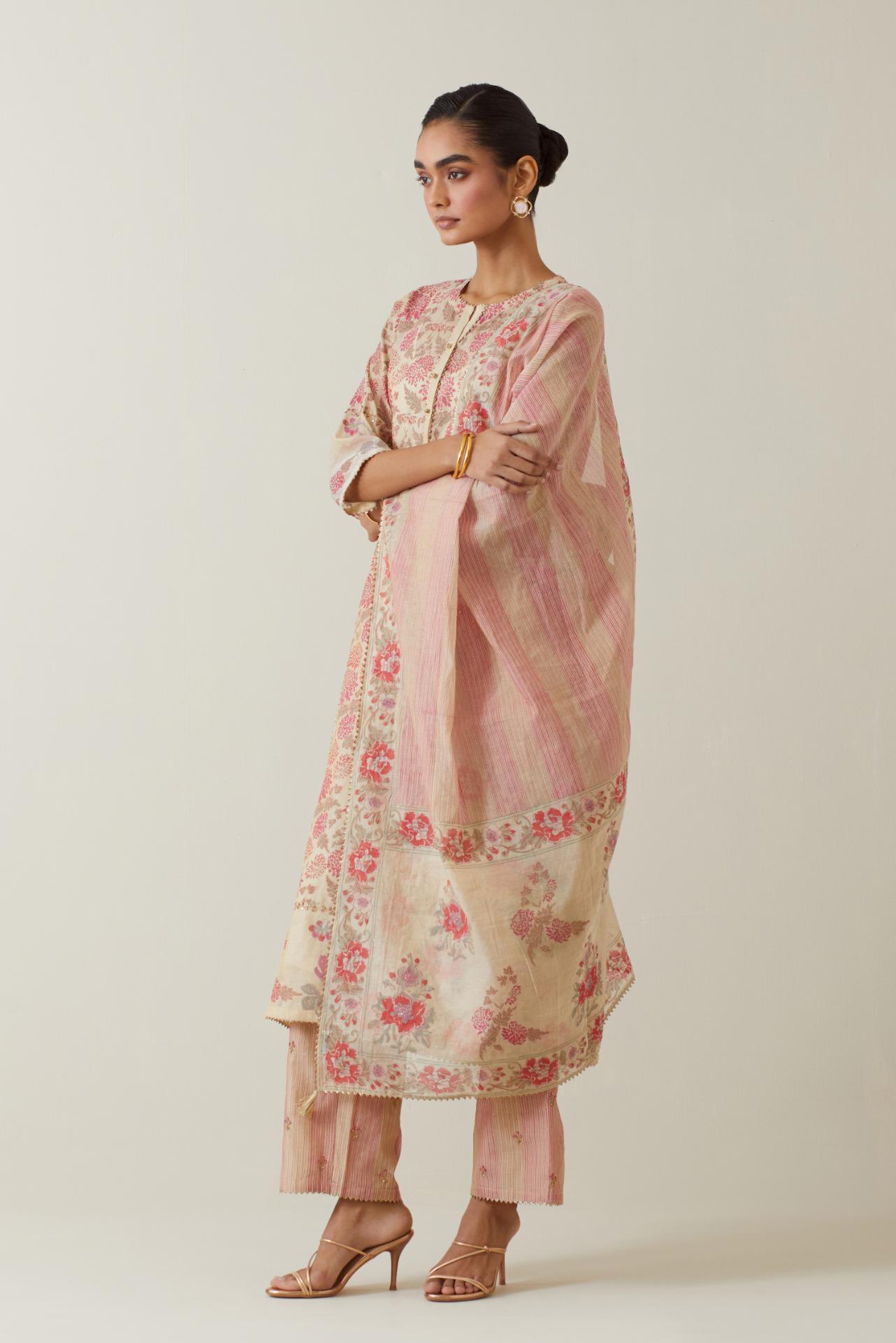 Beige tissue chanderi hand block printed dupatta.