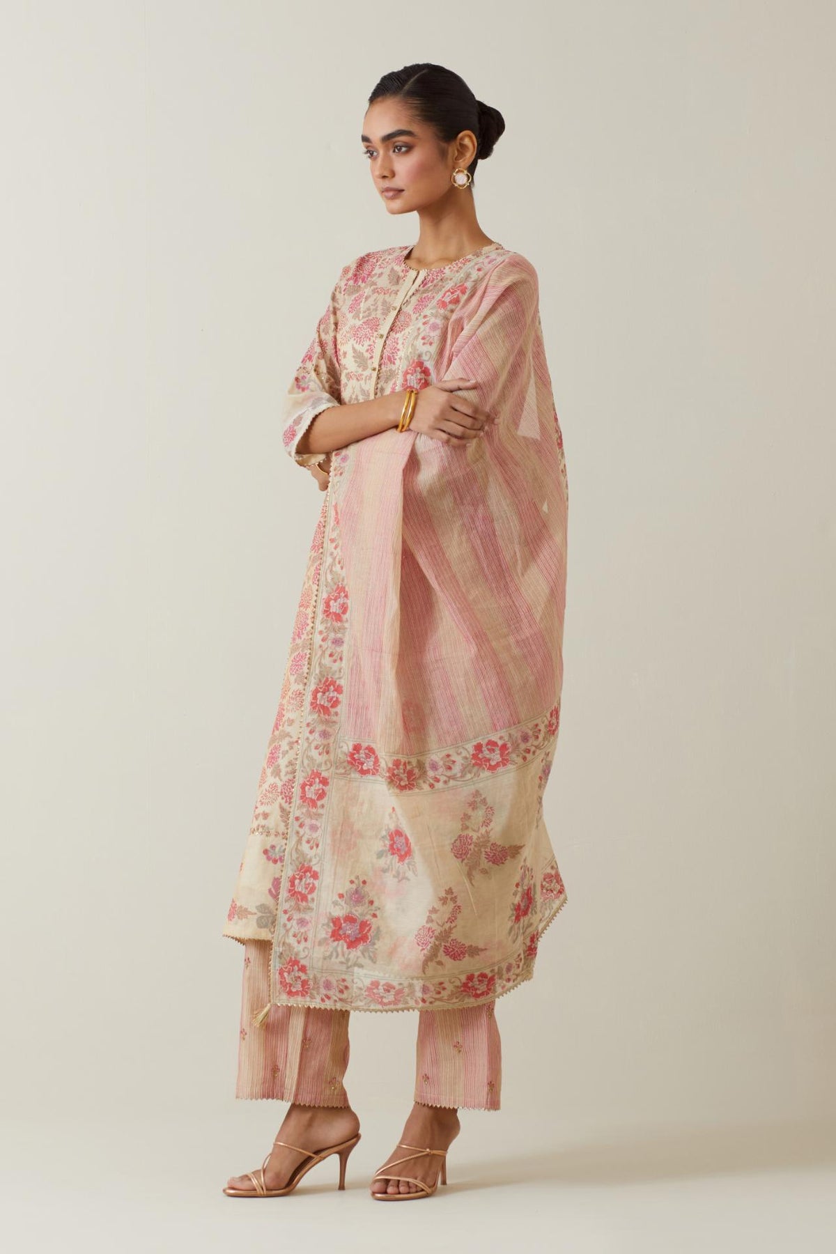 Beige tissue chanderi hand block printed straight kurta set with front placket neckline.