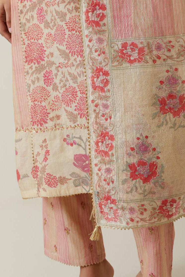 Beige tissue chanderi hand block printed straight kurta set with front placket neckline.
