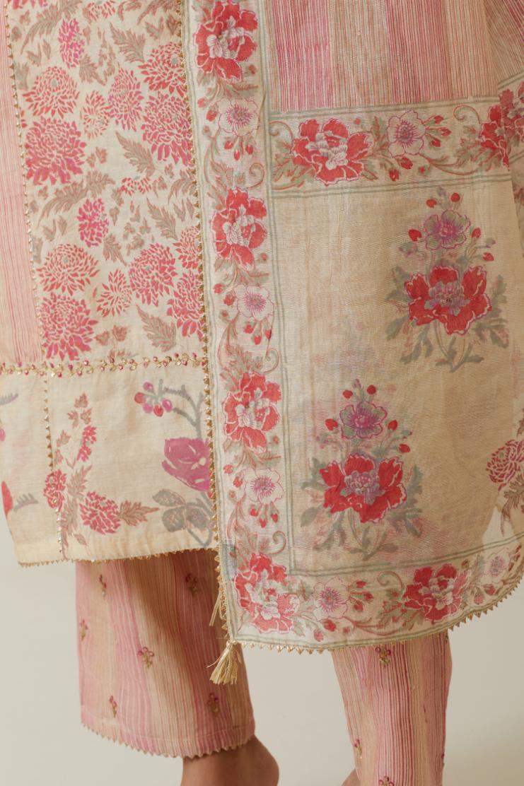 Beige tissue chanderi hand block printed straight kurta set with front placket neckline.