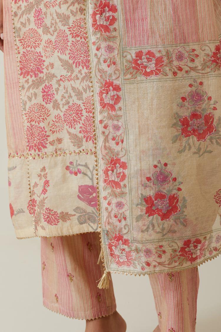 Beige tissue chanderi hand block printed dupatta.