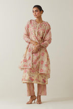 Beige tissue chanderi hand block printed straight kurta set with front placket neckline.