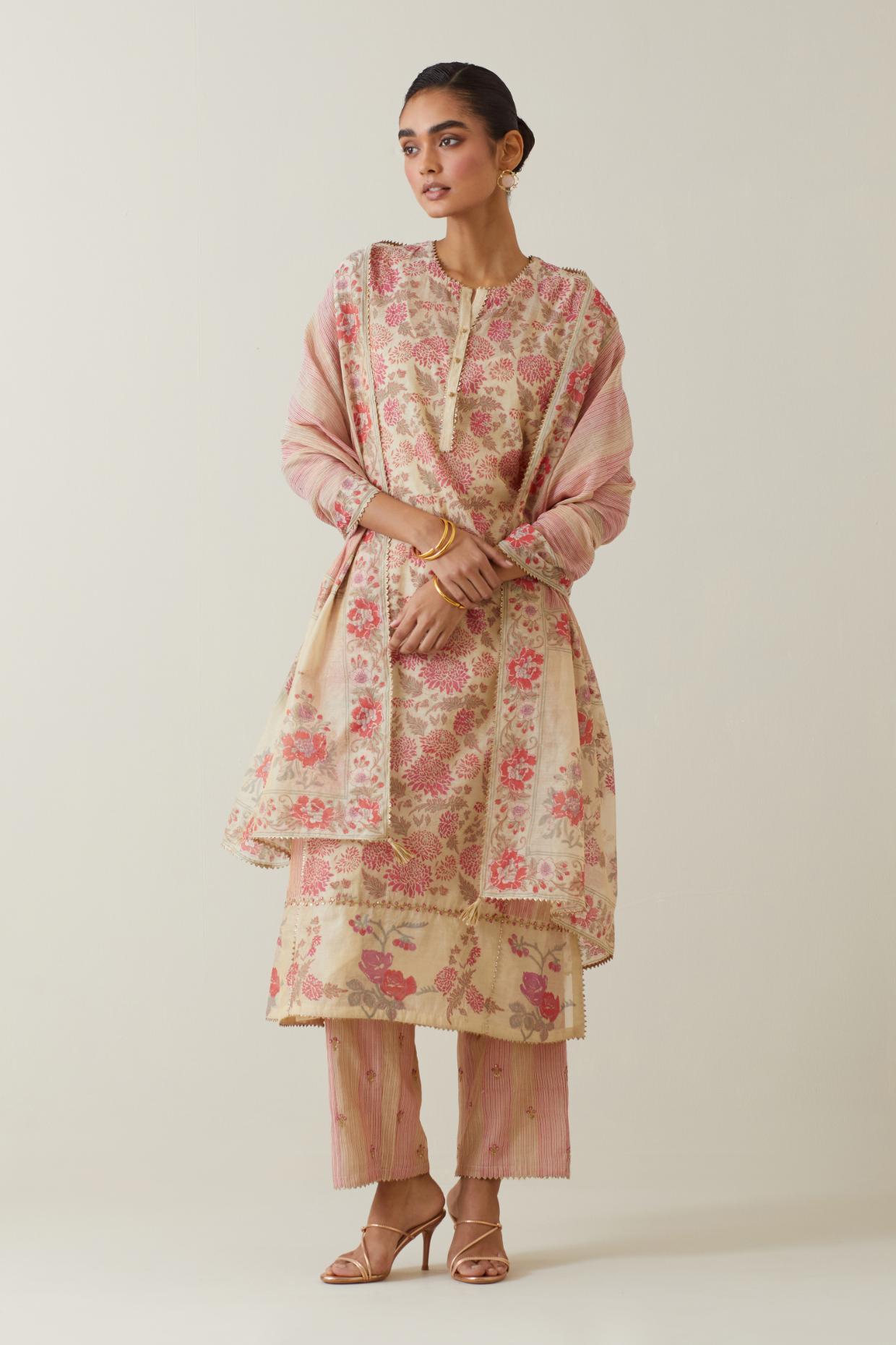 Beige tissue chanderi hand block printed straight kurta set with front placket neckline.