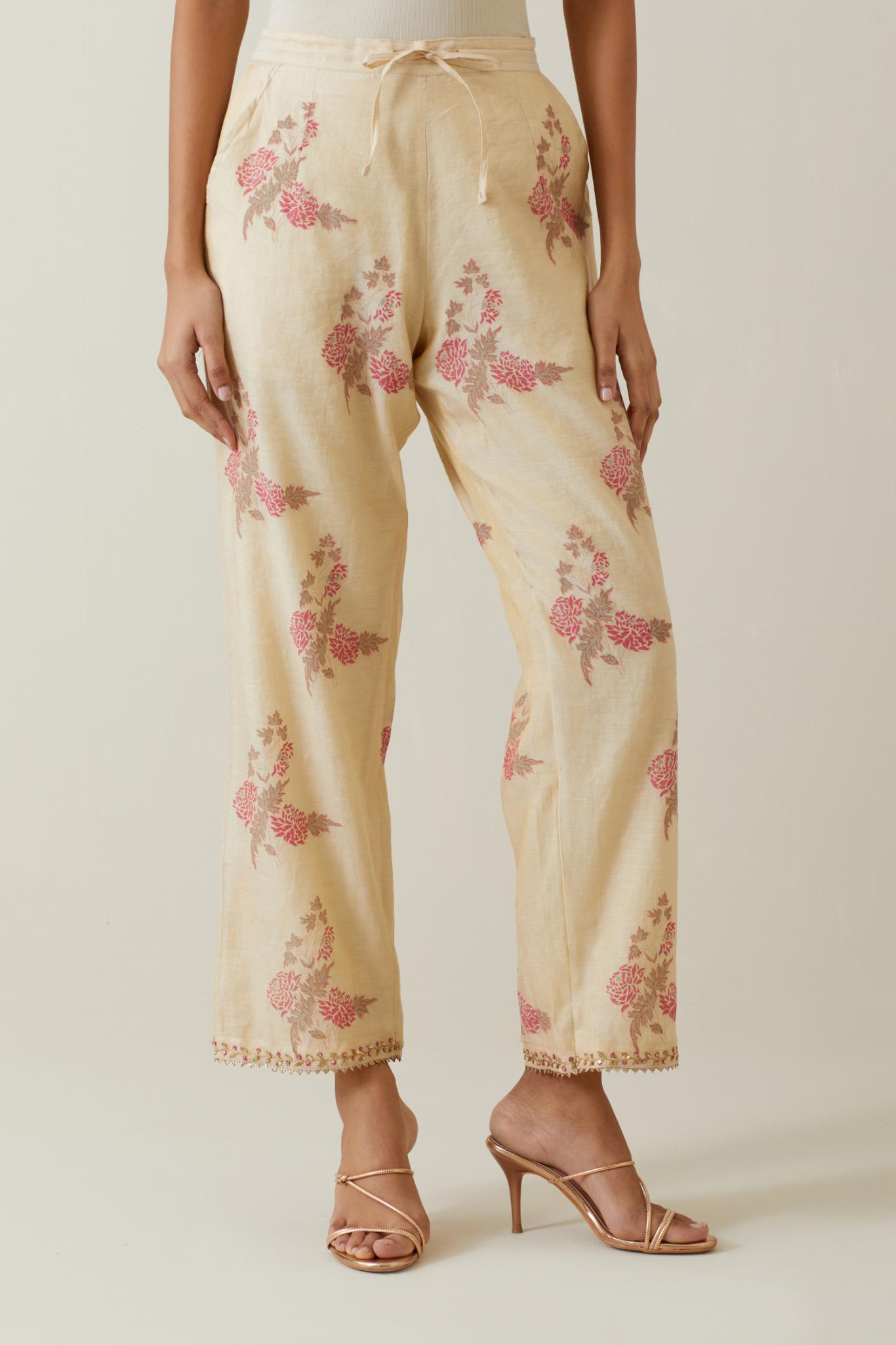 Beige tissue chanderi straight pants with all-over floral hand block printed boota.