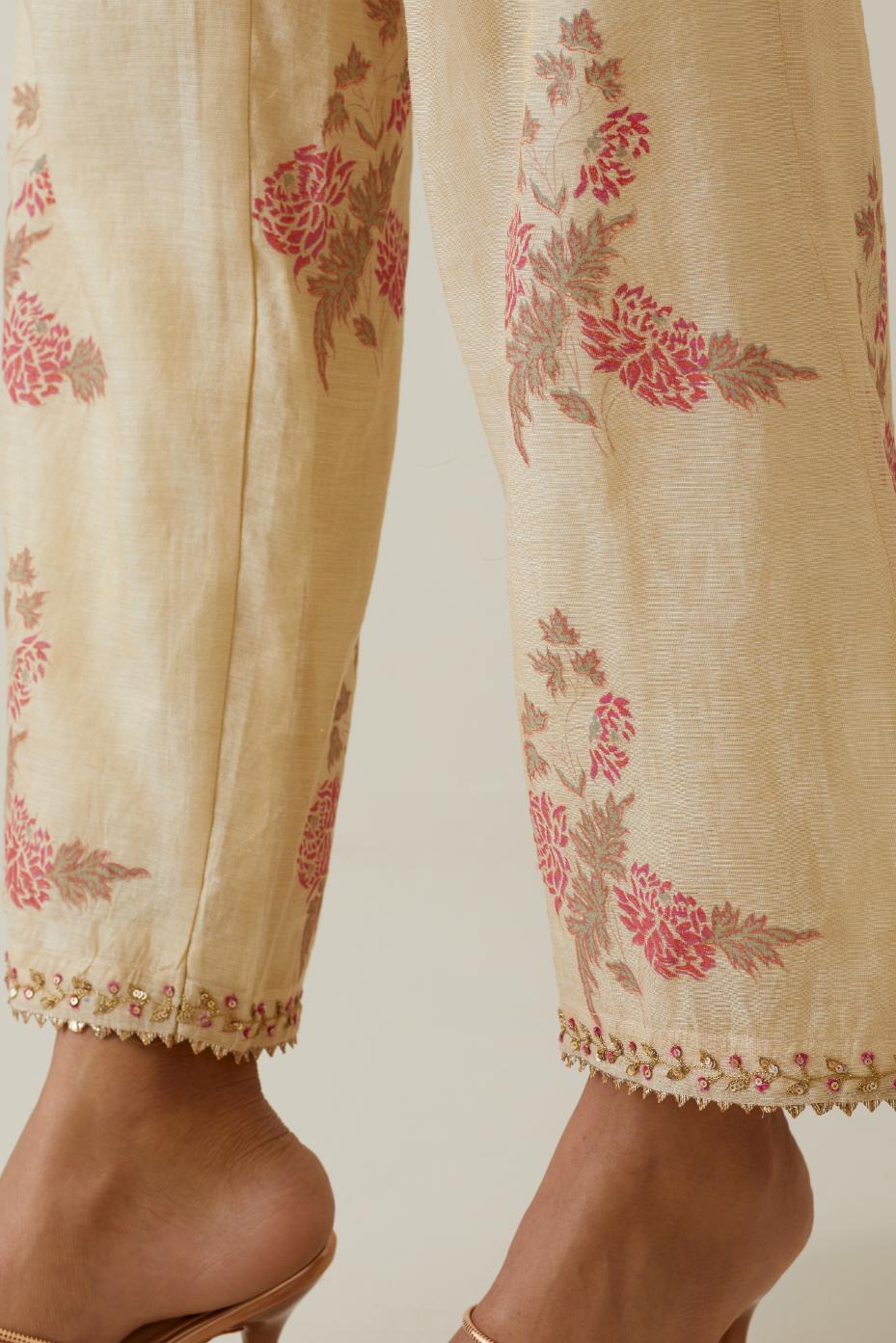 Beige tissue chanderi straight pants with all-over floral hand block printed boota.