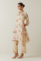 Beige tissue chanderi hand block printed A-line short kurta set.
