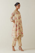Beige tissue chanderi hand block printed A-line short kurta set.