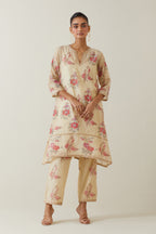 Beige tissue chanderi hand block printed A-line short kurta set.