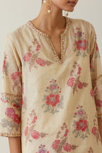 Beige tissue chanderi hand block printed A-line short kurta set.