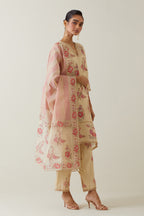 Beige tissue chanderi hand block printed A-line short kurta set.