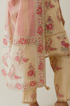 Beige tissue chanderi hand block printed A-line short kurta set.