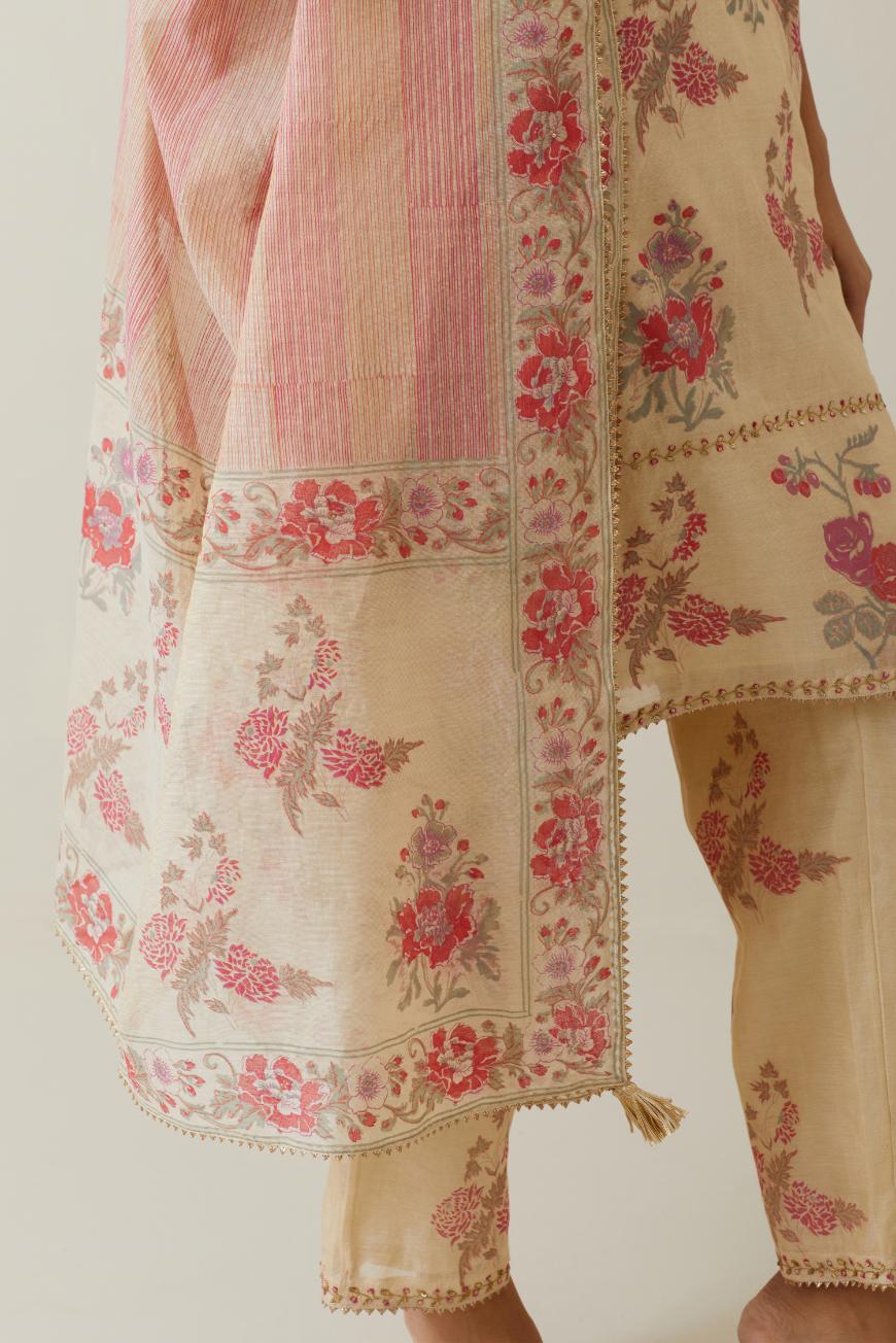 Beige tissue chanderi hand block printed dupatta.