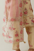 Beige tissue chanderi hand block printed dupatta.