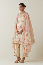Beige tissue chanderi hand block printed A-line short kurta set.