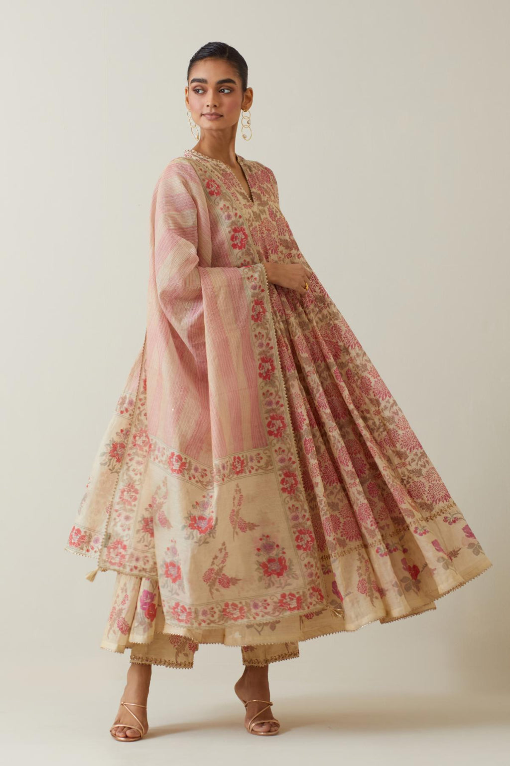 Beige tissue chanderi hand block printed dupatta.