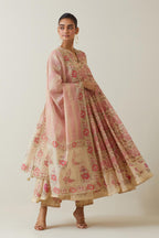 Beige tissue chanderi hand block printed dupatta.