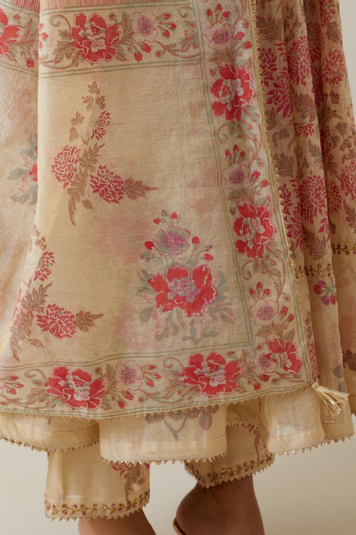Beige tissue chanderi hand block printed dupatta.