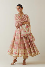 Beige tissue chanderi hand block printed multi-paneled kurta dress set with 3/4 sleeves, highlighted with sequins, thread and zari work.