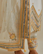 Yellow and off-white cotton chanderi dupatta with delicate silk thread embroidery, highlighted with braids, mirrors and sequins work.