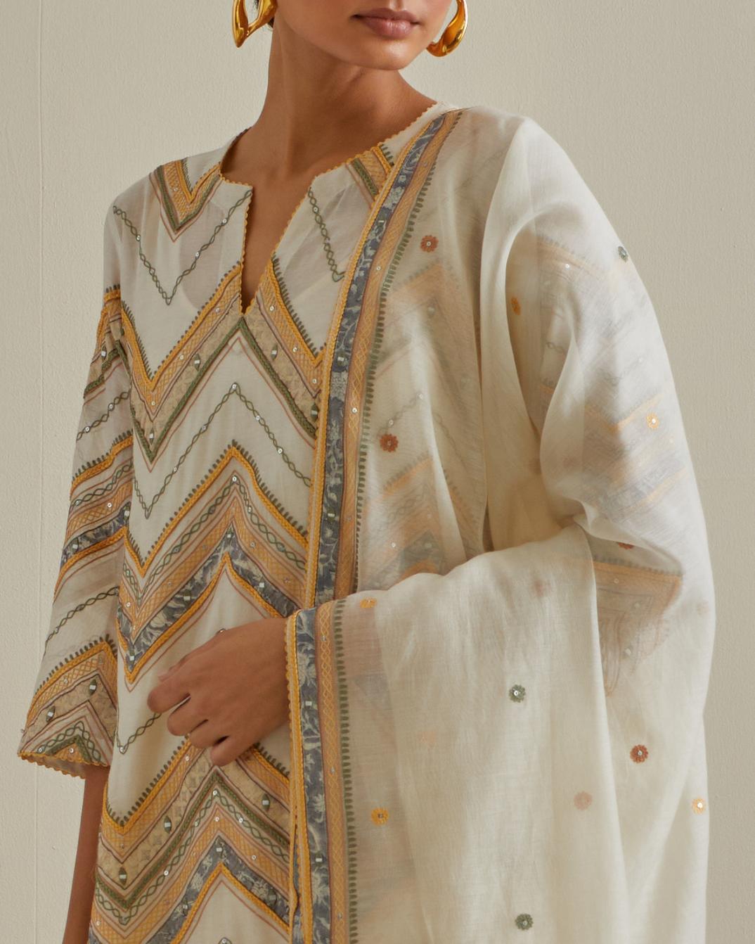 Yellow and off-white cotton chanderi straight kurta set with all over chevron pattern. It is embellished with silk patchwork, thread, sequins and mirrors.