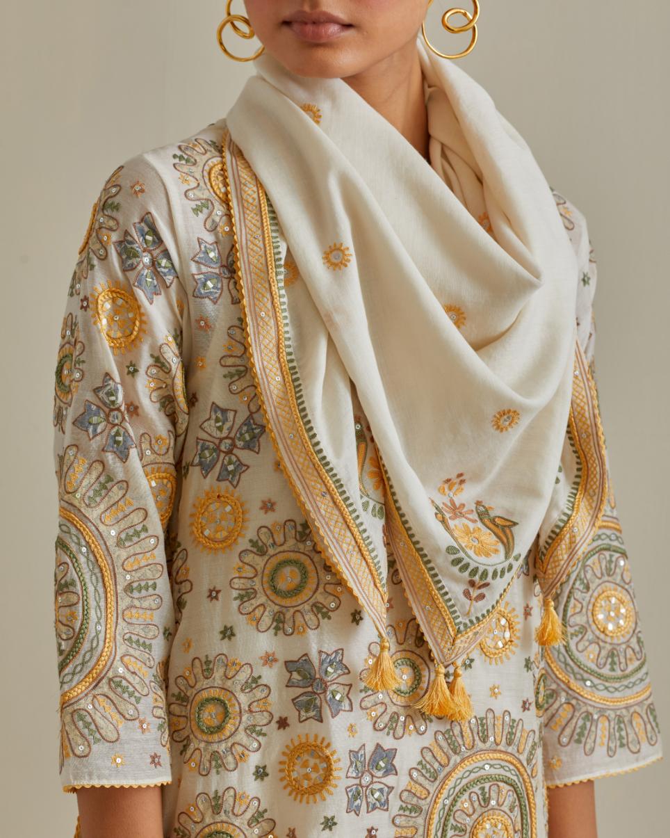 Yellow & off-white cotton square scarf with delicate silk thread embroidery, highlighted with braids, mirrors and sequins work.