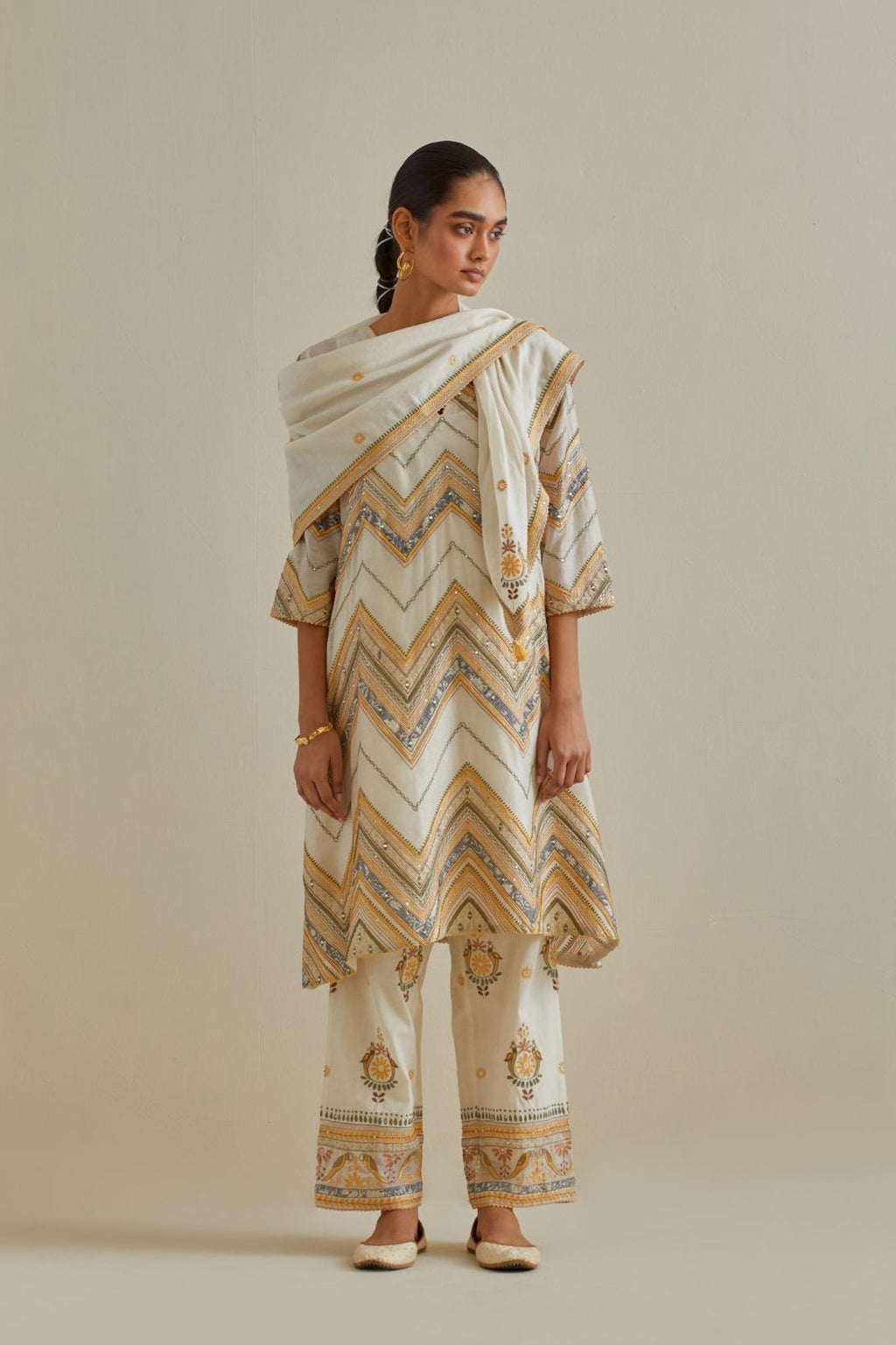 Yellow and off-white cotton chanderi A-line kurta set with all over embroidery set in bold chevron stripes.