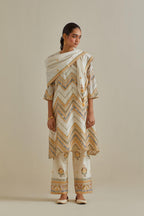 Yellow and off-white cotton chanderi A-line kurta set with all over embroidery set in bold chevron stripes.