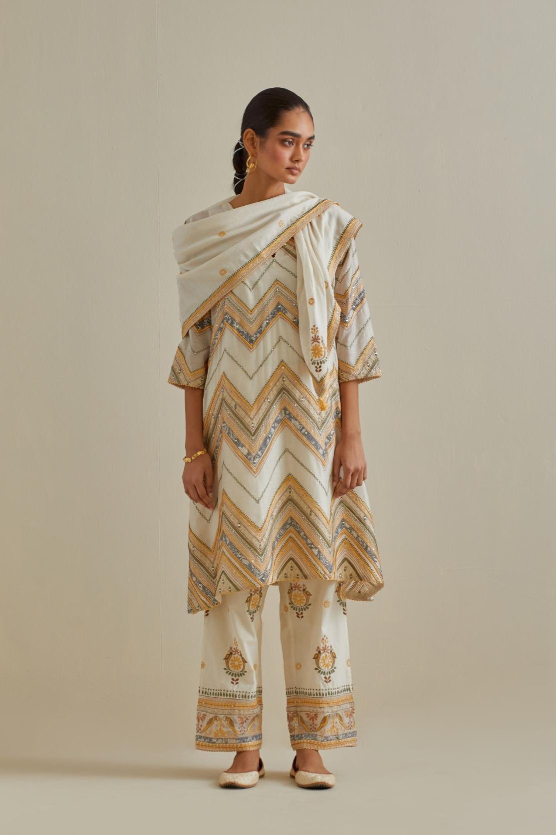 Yellow and off-white cotton chanderi A-line kurta set with all over embroidery set in bold chevron stripes.
