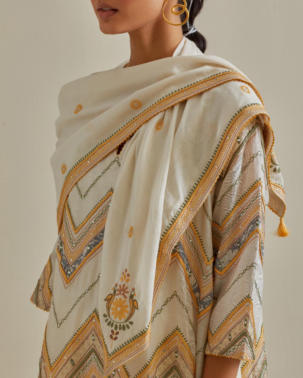 Yellow & off-white cotton square scarf with delicate silk thread embroidery, highlighted with braids, mirrors and sequins work.