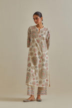 Pink and off-white cotton chanderi straight kurta set with all over patchwork, silk thread, mirror, tassels and sequins embroidery.