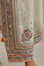 Pink and off-white cotton chanderi dupatta with delicate silk thread embroidery, highlighted with braids, mirrors and sequins work.
