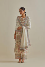 Pink and off-white cotton chanderi dupatta with delicate silk thread embroidery, highlighted with braids, mirrors and sequins work.