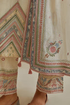 Pink and off-white cotton chanderi dupatta with delicate silk thread embroidery, highlighted with braids, mirrors and sequins work.