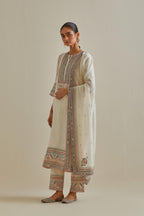 Pink and off-white cotton chanderi dupatta with delicate silk thread embroidery, highlighted with braids, mirrors and sequins work.