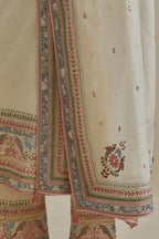 Pink and off-white cotton chanderi straight kurta set with yoke with patchwork and silk thread embroidery highlighted with mirror, sequins, tassels and braids.
