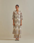 Pink and off-white cotton chanderi straight kurta set with all over chevron pattern. It is embellished with silk patchwork, thread, sequins and mirrors.